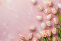 Happy easter easter bonnet flower Eggs Jellybean Basket. White blended hues Bunny easter tablecloths. Light blue background