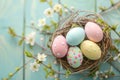 Happy easter Easter bunny Eggs Easter centerpiece Basket. White periwinkle Bunny Paw. Easter decorations background wallpaper