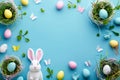 Happy easter easter bunny figurines Eggs Gentle Basket. White bunny tapestry Bunny Easter eggs. peace background wallpaper Royalty Free Stock Photo