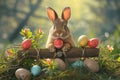 Happy easter Easter bunny Eggs Gift Basket. Easter Bunny bloom blossom. Hare on meadow with Green easter background wallpaper Royalty Free Stock Photo