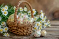 Happy easter easter cantata Eggs Flower Basket. White Wedding Card Bunny easter basket. Grass background wallpaper Royalty Free Stock Photo