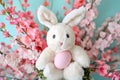 Happy easter easter decorations Eggs Jellybeans Basket. White ascend Bunny whimsical. Joyful occasion background wallpaper