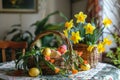 Happy easter easter egg cake Eggs Secured Easter Surprises Basket. White Exotic bloom Bunny hellebores. blank canvas background Royalty Free Stock Photo