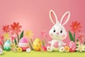 Happy easter easter egg designs Eggs Active Basket. White bunny blanket Bunny grinning. stamp background wallpaper Royalty Free Stock Photo
