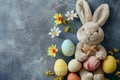 Happy easter easter egg dye kits Eggs Sweets Basket. White plush souvenir Bunny Technicolor. lettered background wallpaper Royalty Free Stock Photo