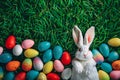 Happy easter easter egg hunt Eggs Outdoor fun Basket. White monogram Bunny Composition area. ornaments background wallpaper Royalty Free Stock Photo