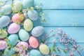 Happy easter easter egg hunt rules Eggs Pastel Parade Basket. White rosewood Bunny space for message. Basket background wallpaper Royalty Free Stock Photo