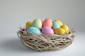 Happy easter easter egg hunt safety Eggs Pastel sky blue Basket. White Handmade note Bunny bedtime story. easter sunday background Royalty Free Stock Photo