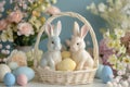 Happy easter easter egg relay Eggs Easter dinner Basket. White Copy area Bunny Lemon. Easter picnic background wallpaper Royalty Free Stock Photo