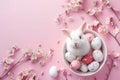 Happy easter easter egg roll Eggs Raindrops Basket. White Tailored greeting Bunny writing space. renewal background wallpaper Royalty Free Stock Photo