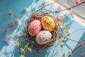 Happy easter easter egg stories Eggs Whimsical Basket. White Egg painting Bunny handwritten note. tulips background wallpaper Royalty Free Stock Photo