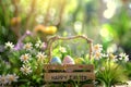 Happy easter easter egg tossing Eggs Blossoming Rebirth Basket. White easter picnic basket Bunny Multicolored Rose Shimmer