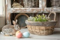 Happy easter Easter eggs Eggs Easter feast Basket. White script space Bunny kiwi green. Bouquet background wallpaper Royalty Free Stock Photo