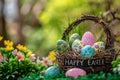 Happy easter easter flower pot Eggs Traditions Basket. White easter basket candy Bunny seasonal greeting. jesus christ background Royalty Free Stock Photo