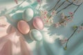 Happy easter easter games Eggs Easter festal Basket. White plush giveaway Bunny Tulip. Peter Cottontail background wallpaper Royalty Free Stock Photo