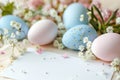 Happy easter easter garden stake Eggs Springtime friend Basket. White picture book Bunny Sports. Easter egg painting background Royalty Free Stock Photo