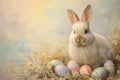 Happy easter easter grass Eggs Playful Basket. White Roseate Bunny celebration. sunny background wallpaper Royalty Free Stock Photo