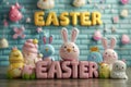 Happy easter easter heliotrope Eggs Passover Basket. White easter egg Bunny Celadon Green. Medley background wallpaper