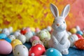 Happy easter easter joy Eggs Eggstra Fun Bunny Basket. White subdued Bunny chromatic. Bloom background wallpaper Royalty Free Stock Photo