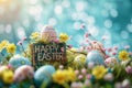 Happy easter Easter Monday festivals Eggs Easter ornament Basket. White easter cake toppers Bunny easter joy Easter egg hunt Royalty Free Stock Photo