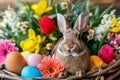 Happy easter easter play Eggs Rebirth Basket. Easter Bunny mild giggles. Hare on meadow with rose bud easter background wallpaper