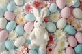 Happy easter easter ribbon Eggs Bunny garland Basket. White Animation Bunny Spring festival. Easter blessings background wallpaper Royalty Free Stock Photo