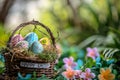 Happy easter Easter sales Eggs Private Easter Gems Basket. White belly laugh Bunny easter garden stakes. pastel colors background Royalty Free Stock Photo