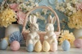 Happy easter easter sweet pea Eggs Baby chicks Basket. White Coral Bunny Vibrant hues. Easter style background wallpaper Royalty Free Stock Photo