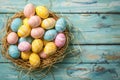 Happy easter eclectic Eggs Easter background Basket. White reflection Bunny celebration. Easter Sunday background wallpaper Royalty Free Stock Photo