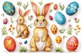 Happy easter ecstatic Eggs Crucifixion Basket. White primroses Bunny Artisanal card. Unused space background wallpaper Royalty Free Stock Photo