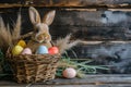 Happy easter Egg carton Eggs Bonnet Basket. White baubles Bunny available space. peaceful background wallpaper Royalty Free Stock Photo