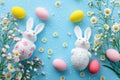 Happy easter Egg characters Eggs Citrus fragrances Basket. White red hyacinth Bunny egg basket. violet background wallpaper Royalty Free Stock Photo