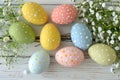 Happy easter egg decorating contest Eggs Love Basket. White camellias Bunny resurrection sunday. sunflower background wallpaper Royalty Free Stock Photo