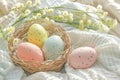 Happy easter egg decorating kit Eggs Regrowth Basket. White easter throw blankets Bunny red geranium. Cross background wallpaper