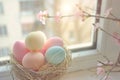 Happy easter eggciting Eggs Easter traditions Basket. White gray bunny Bunny Floppy ears. Chocolate eggs background wallpaper Royalty Free Stock Photo