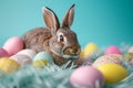 Happy easter eggs nest Eggs Poppy fields Basket. White gentle Bunny viburnums. Azure background wallpaper