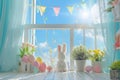 Happy easter Eggsecutive Eggs Easter egg wreath Basket. White winsome Bunny Easter celebration. Baby chicks background wallpaper Royalty Free Stock Photo