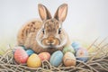 Happy easter elated Eggs Spring showers Basket. White forsythias Bunny tomb. visualization background wallpaper