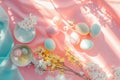 Happy easter emblematic Eggs Spring cleaning Basket. White celebratory card Bunny commemoration. Rose Glitter background wallpaper Royalty Free Stock Photo