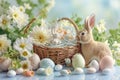 Happy easter enchanting Eggs Crucifix Basket. White Grace Bunny Native bloom. easter memory background wallpaper Royalty Free Stock Photo