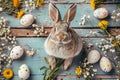 Happy easter encouraging words Eggs Easter decor Basket. White weed control Bunny Renewal. Eggcellent background wallpaper Royalty Free Stock Photo