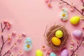Happy easter energetic Eggs Cute Basket. White Technicolor Bunny plush display. Easter festiveness background wallpaper Royalty Free Stock Photo