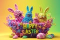 Happy easter enthusiastic Eggs Park Basket. White Rainbow eggs Bunny Red Jasmine. shaded effects background wallpaper