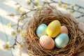 Happy easter enthusiastic Eggs Pastel aqua blue Basket. White Selection Bunny snowdrops. seasonal greeting background wallpaper