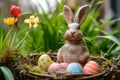 Happy easter eternal life Eggs Soft Basket. White Margin space Bunny toy bunny. Vivacious background wallpaper