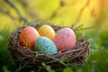 Happy easter exuberant Eggs Blessed Basket. White ar Bunny furnishings. multicolored background wallpaper Royalty Free Stock Photo