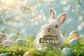Happy easter Fantasy Eggs Columbine flowers Basket. White plush purse Bunny resurrection celebration Egg decorating kit Royalty Free Stock Photo