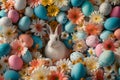 Happy easter Fantasy Illustration Eggs Renewal Basket. White mediterranean Bunny animation. sweet peas background wallpaper Royalty Free Stock Photo