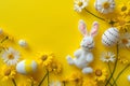 Happy easter feast Eggs Rainy days Basket. White Olive Green Bunny tailored greeting. personal anecdote background wallpaper Royalty Free Stock Photo
