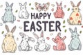 Happy easter festive feasts Eggs Decorated beauties Basket. White plush merchandise Bunny peach. get well soon card background Royalty Free Stock Photo